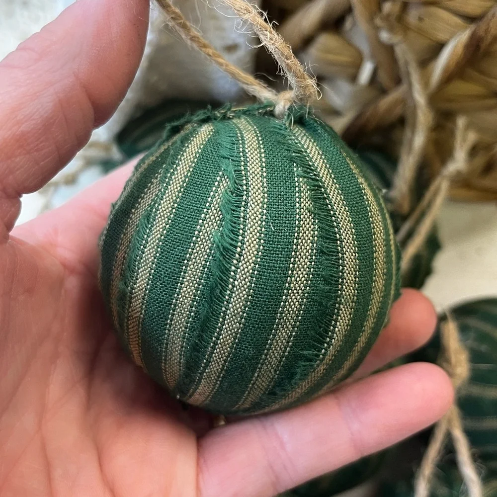 10 Primitive green stripe Fabric RAG BALLS Christmas Ornaments farmhouse decor
